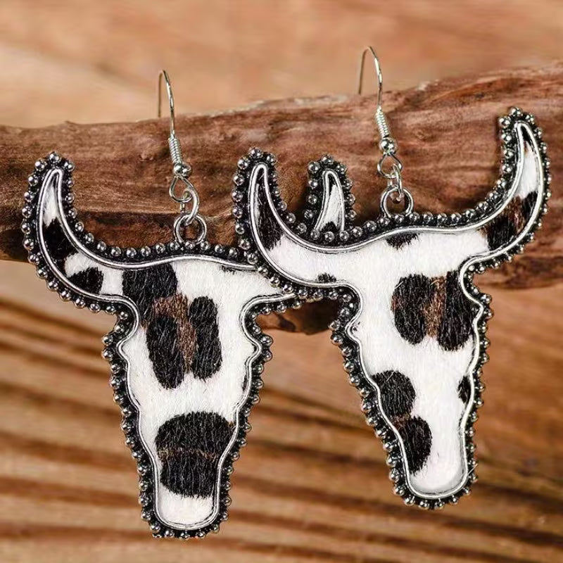 Cowhide Bull Head Earrings