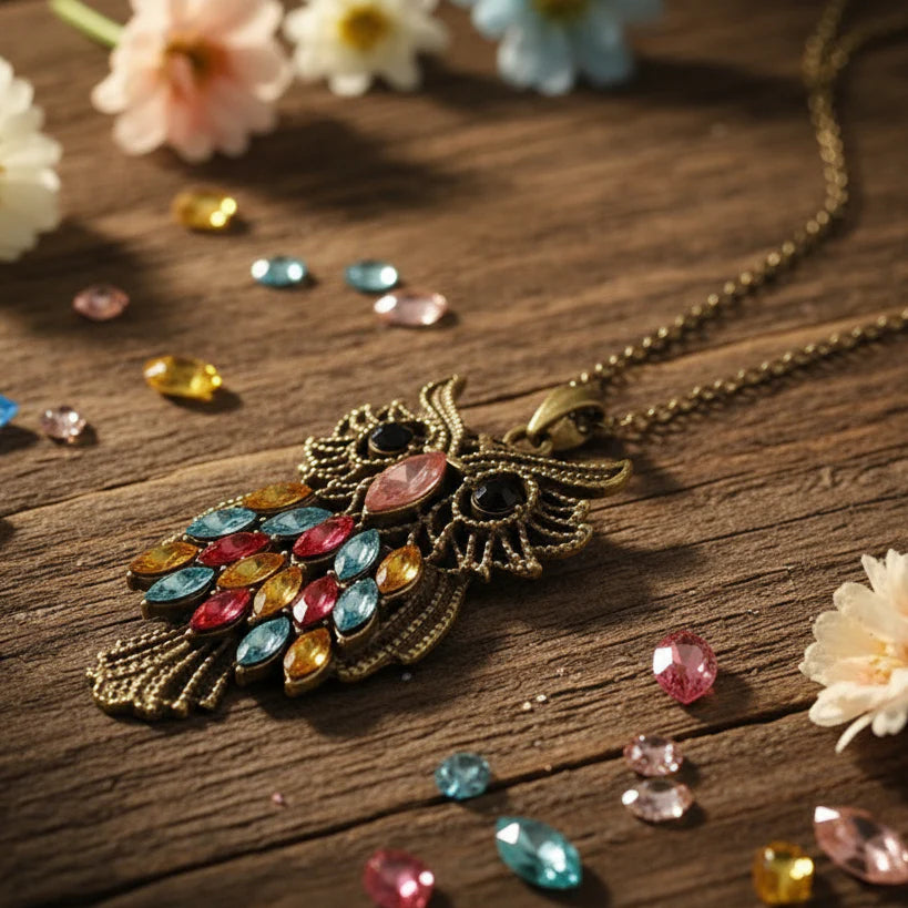 Owl Colorful Rhinestone Necklace
