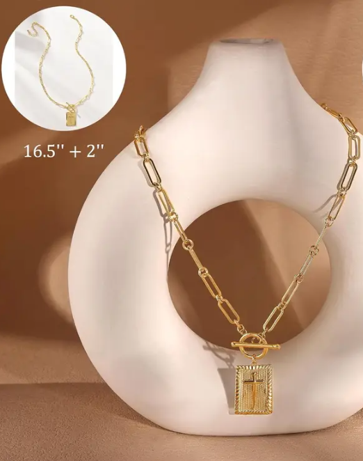 ✝️ Elegant Christian Cross Pendant Necklace – Paper Clip Chain