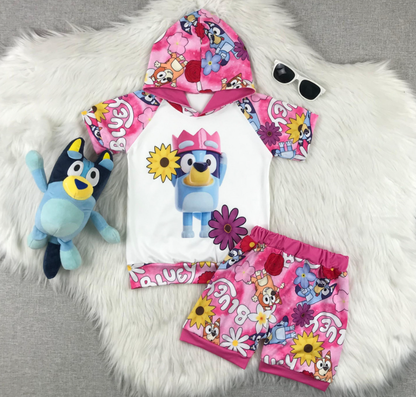 πΈπ Girls Blue Dog-Milk Silk Set β Hooded Top + Shorts
