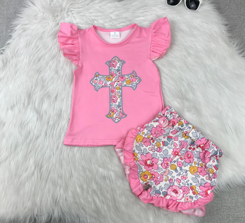 ๐ธโ๏ธ Floral Cross Boutique Short Set โ Girls Faith Inspired Outfit