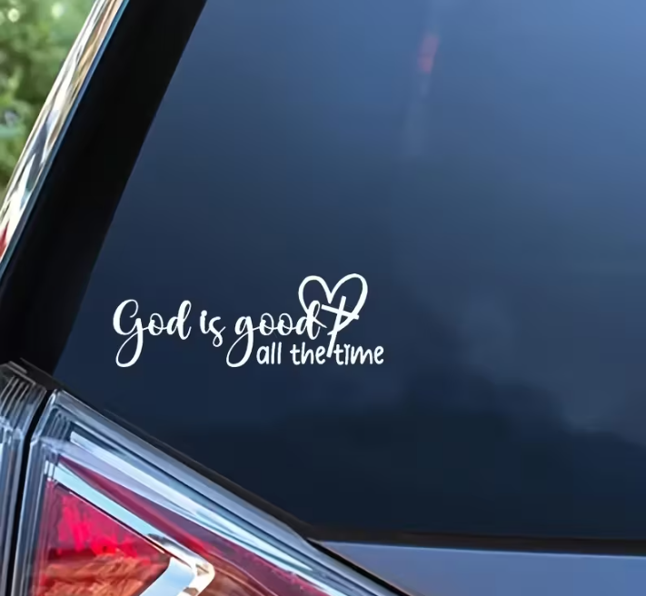 “God is Good All the Time” Vinyl Car Decal | Christian Faith-Based Bible Verse Sticker with Elegant Script & Heart