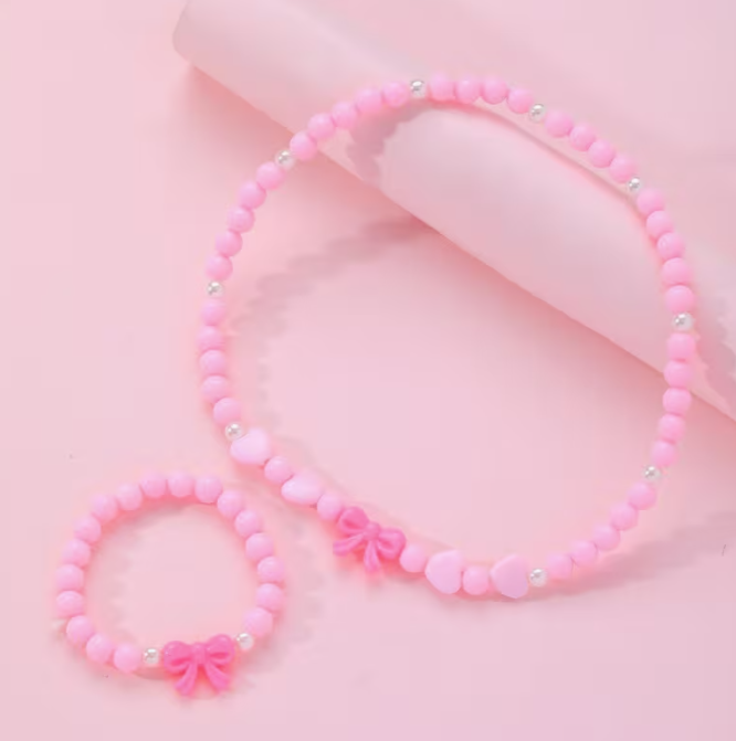 Kids Pink Bow Necklace & Bracelet Set β Adorable Matching Jewelry for Little Fashionistas! πβ¨