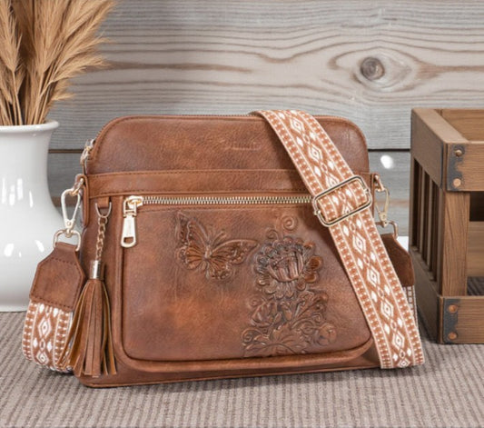 🤎 Embossed Butterfly & Floral Crossbody Bag
