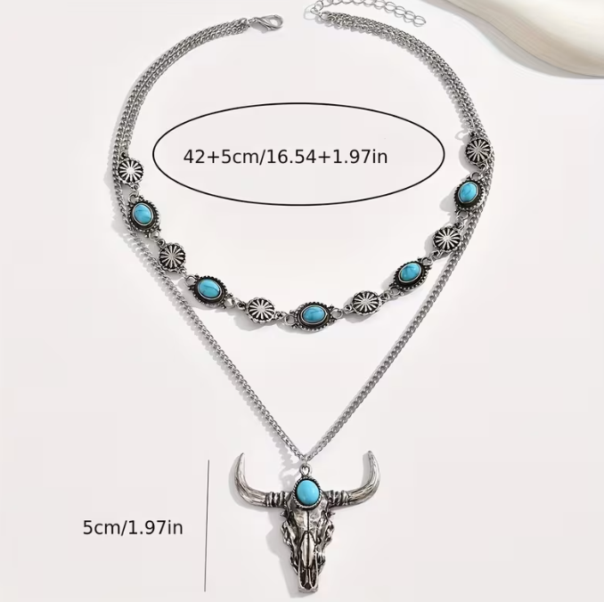 🤠 Western Turquoise Bull Skull Necklace Set