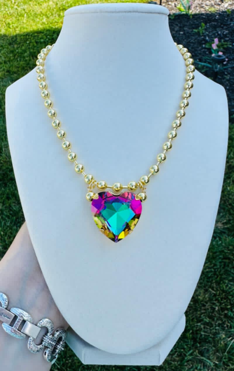 Crystal Heart Gold Bead Necklace
