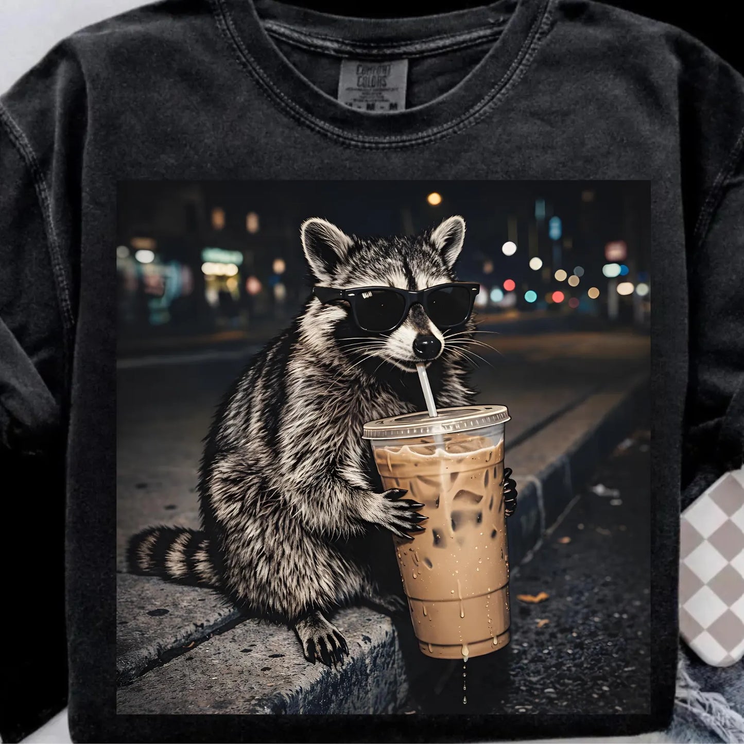 Racoon Drinking Iced Coffee T~SHIRT, SWEATSHIRT, HOODIE LISTING