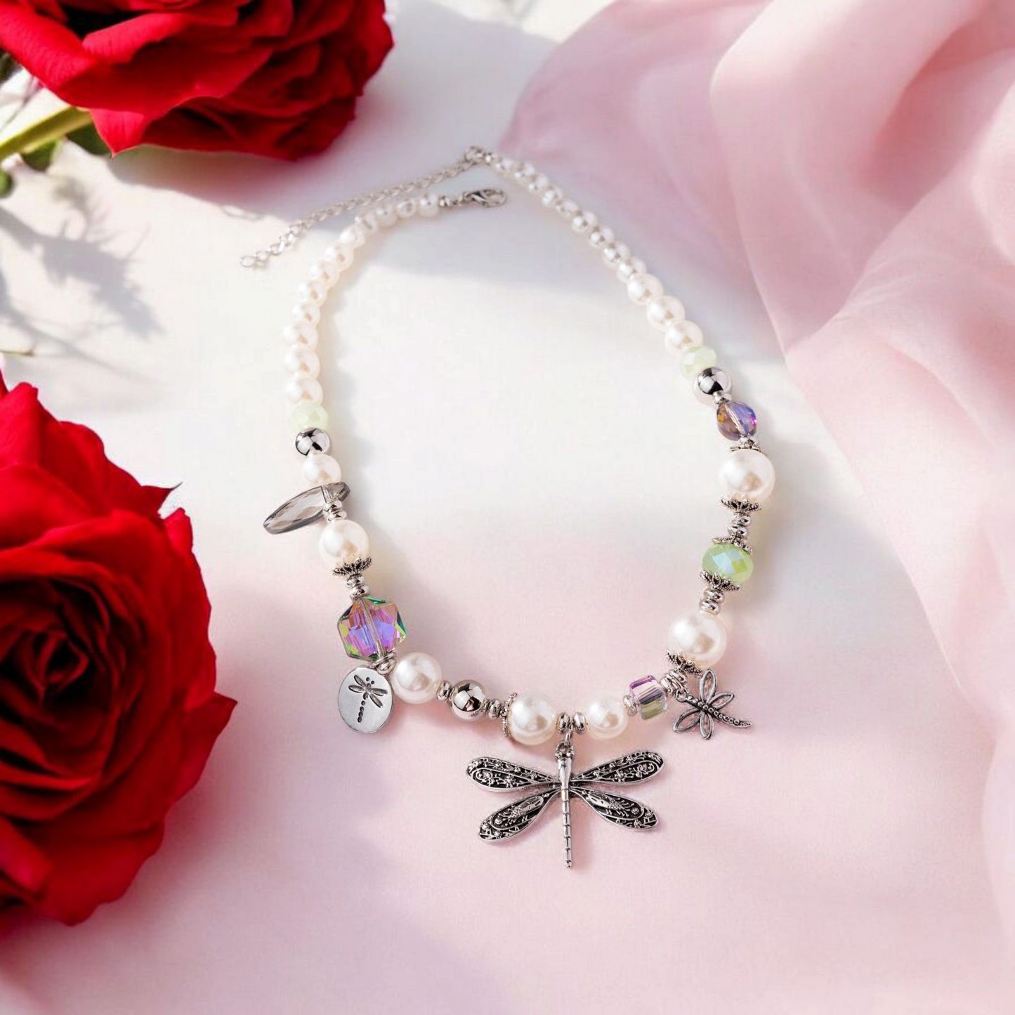 Dragonfly & Pearl Charm Necklace