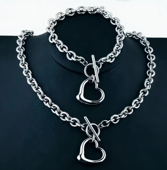 Hollow Heart Toggle Necklace & Bracelet Set