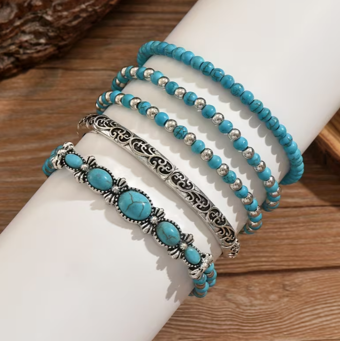 Western Style Vintage Turquoise Series Fashion Stretch Rope Beaded Bracelet