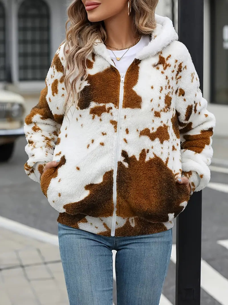 Women's Cow Print Fleece Zip up Hoodie