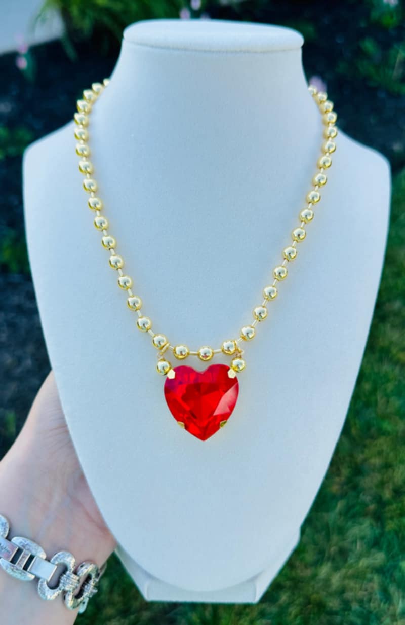 Crystal Heart Gold Bead Necklace