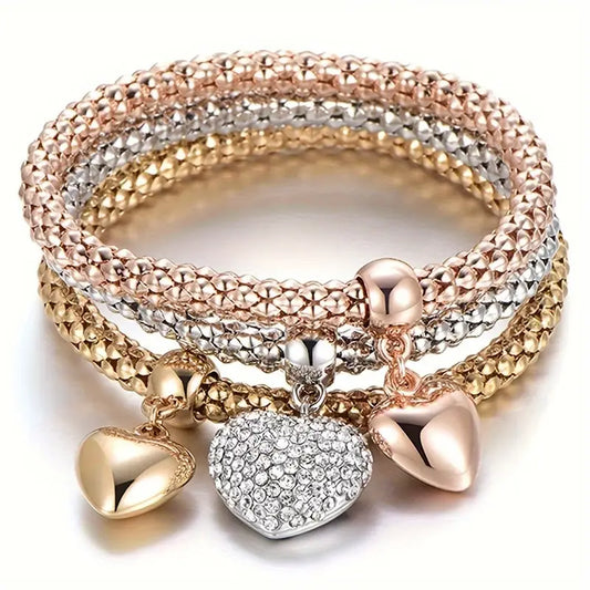 Tri-Color Heart Charm Bracelet Set – Gold, Rose Gold & Silver
