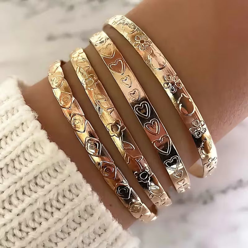 Heart-Etched Gold Bangle Set