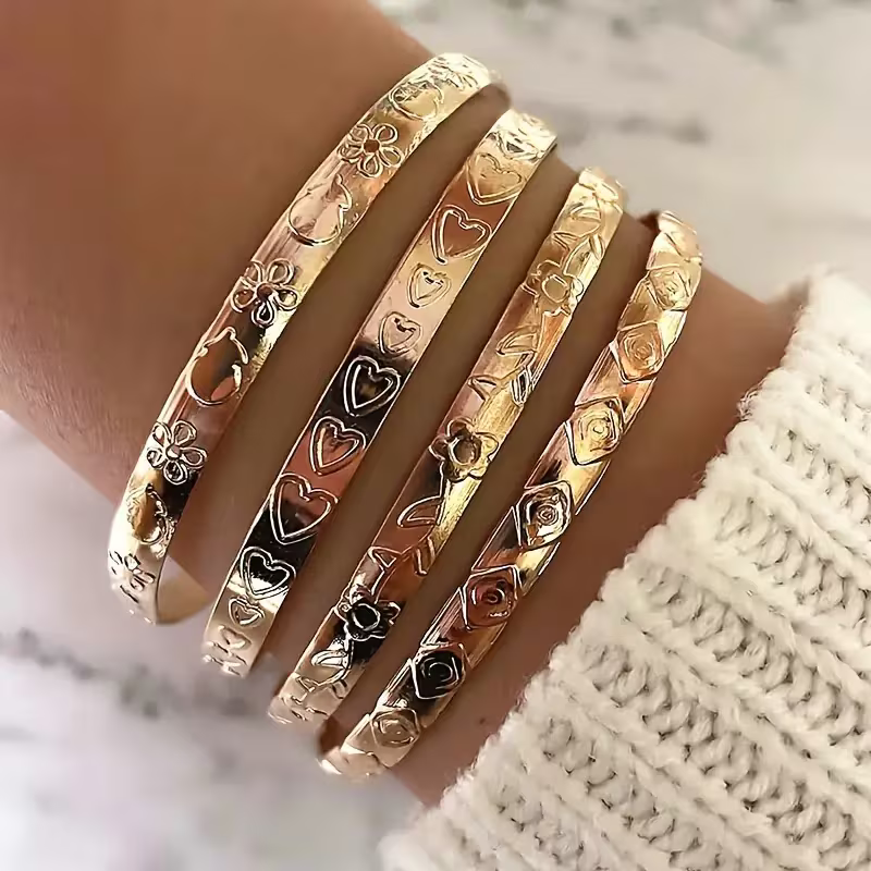 Heart-Etched Gold Bangle Set