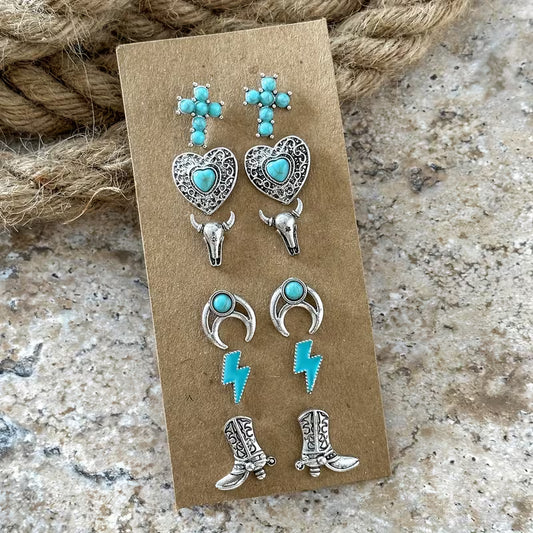 Dripped Faux Turquoise Inlaid Stud Earring Featuring Vintage Ethnic Style with Western Cowboy Boots, Cross, Bull Head, Lightning, And Moon Designs.