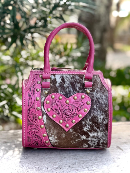 👜 Pink Leather Cowhide Heart Crossbody Purse