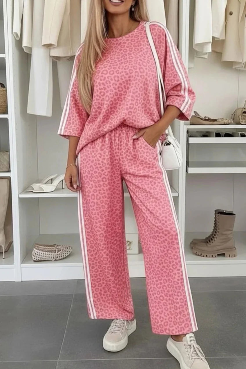 Leopard Stripe Lounge Set – Grey, Beige & Pink