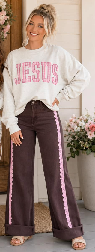 Lace-Trim Jeans