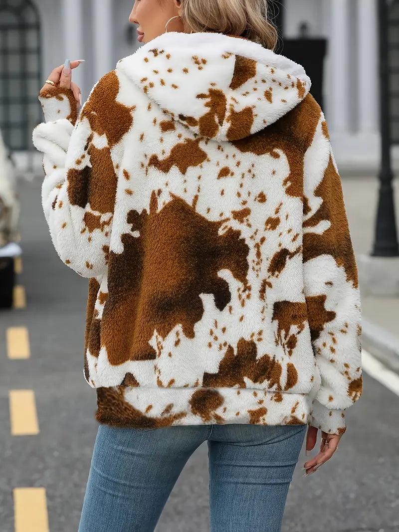 Women's Cow Print Fleece Zip up Hoodie
