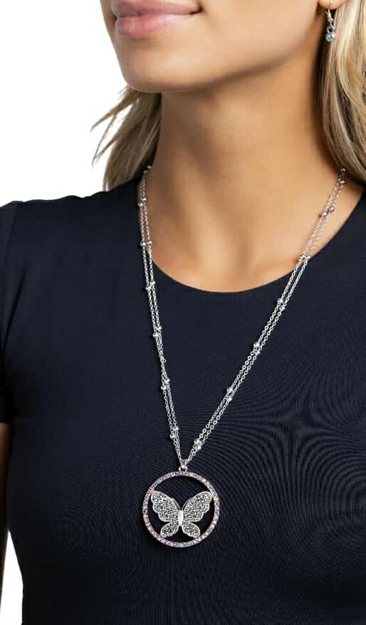 ✨ Crystal Butterfly Pendant Necklace – Double Layer Chain, Silver with Rainbow Circle Accents ✨