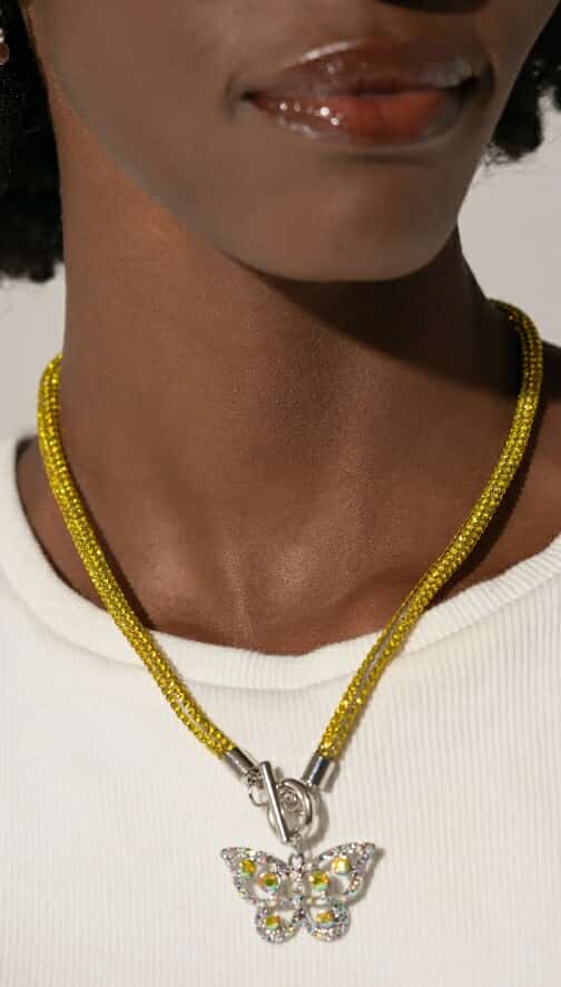 🦋 Yellow Rope Butterfly Necklace – Crystal Rhinestone Pendant with Toggle Clasp
