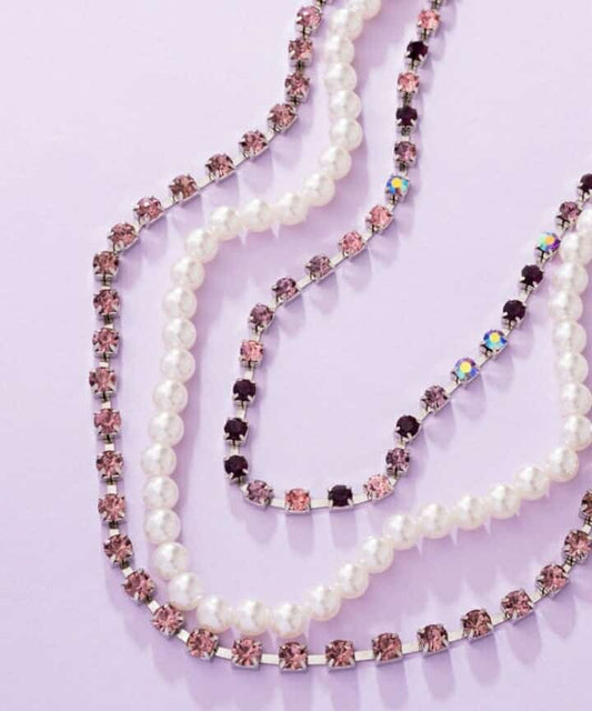 💗 Pink Crystal & Pearl Layered Necklace – Elegant Rhinestone Chain Set