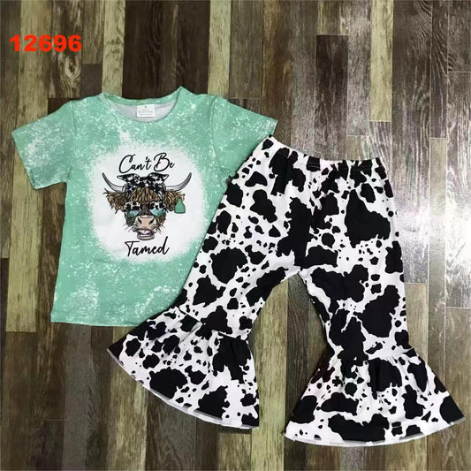 Can’t Be Tamed” Cow Print Bell-Bottom Set – Western Girls Outfit