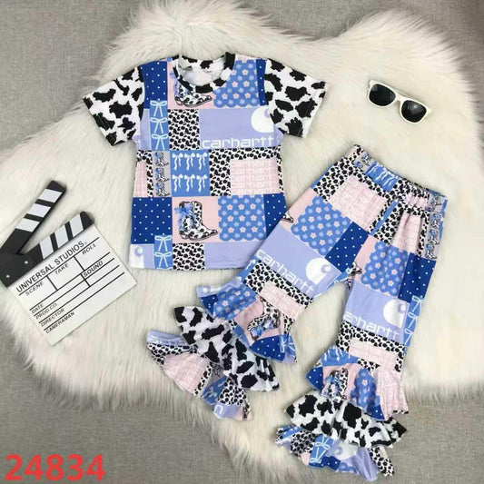 Patchwork Western Cowgirl Bell-Bottom Set – Blue & Pink