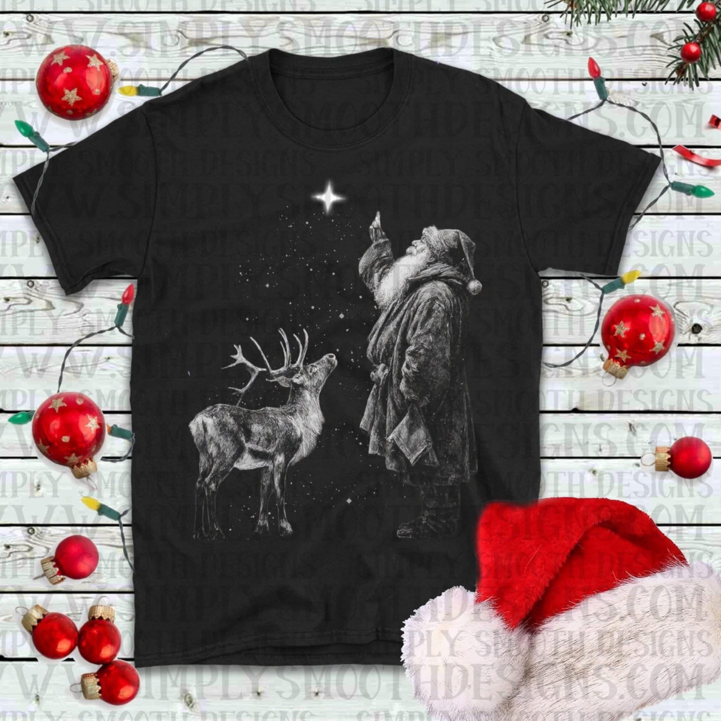 Santa and Reindeer Looking at the Star BLACK & WHITE DESIGN T~SHIRT