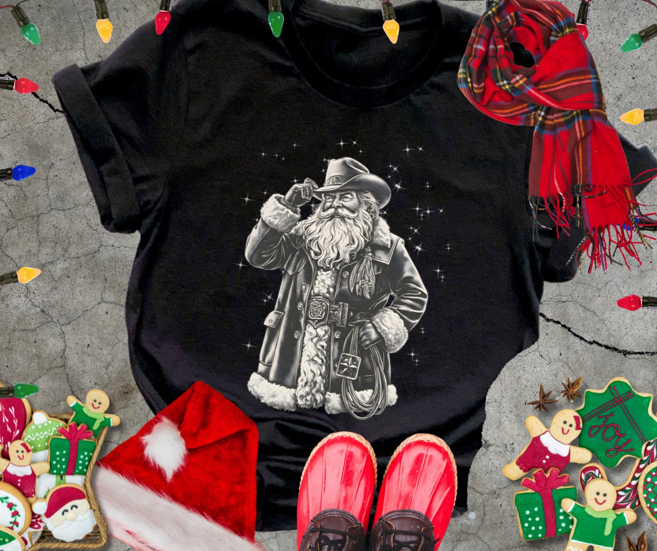 Western Cowboy Santa Tee – Vintage Christmas Graphic T~Shirt