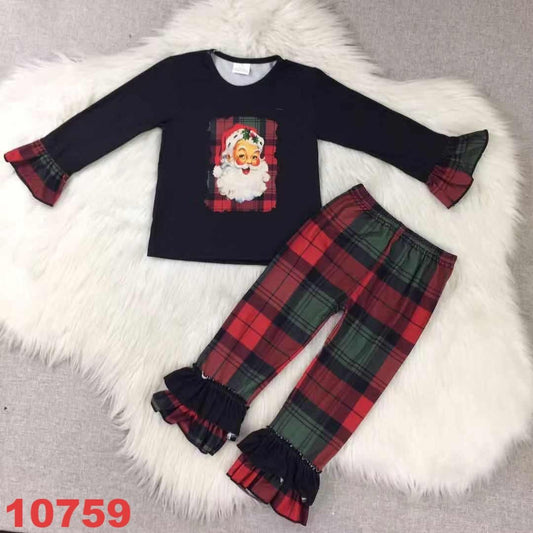 Vintage Santa Plaid Ruffle Set – Holiday Girls Outfit