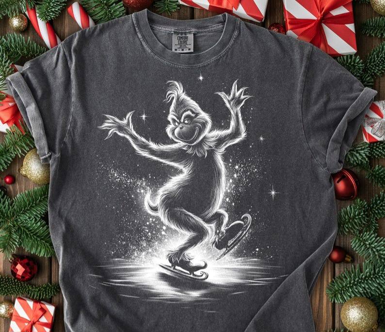 Skating Green Guy Graphic Tee – Vintage Christmas T-Shirt