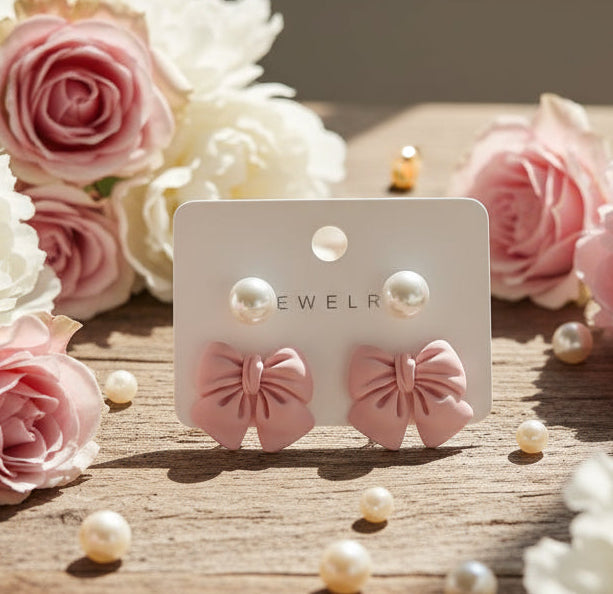 Bow & Pearl Stud Earrings – Soft Matte Boutique Collection