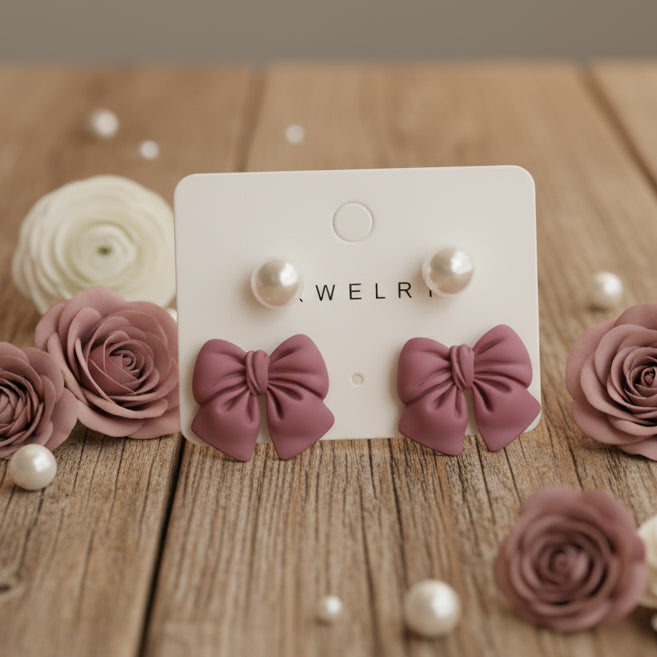 Bow & Pearl Stud Earrings – Soft Matte Boutique Collection