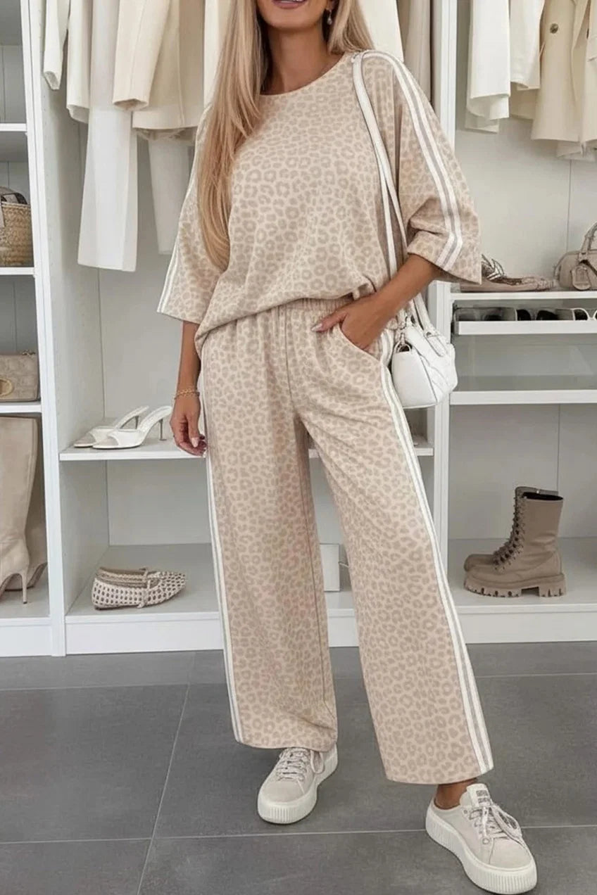 Leopard Stripe Lounge Set – Grey, Beige & Pink