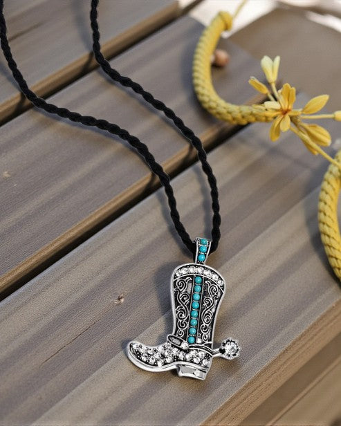 🤠 Turquoise Trail Cowgirl Boot Necklace~ Black and Silver