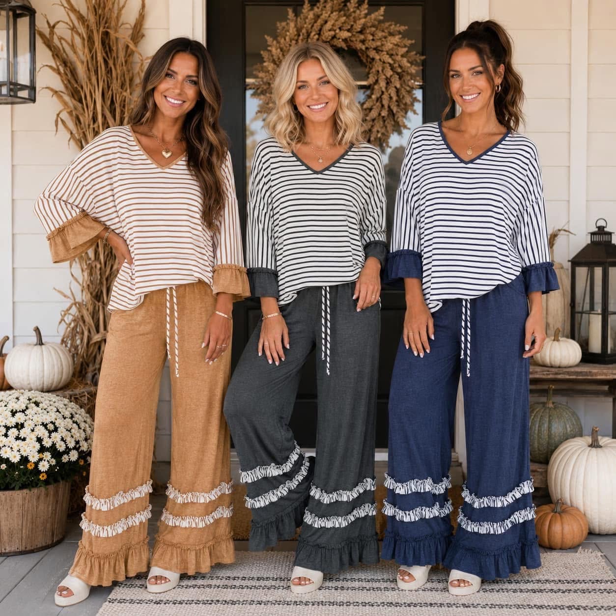 Striped V-Neck Ruffle Hem Two-Piece Set