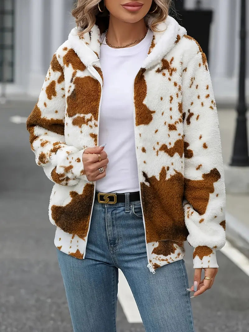 Women's Cow Print Fleece Zip up Hoodie