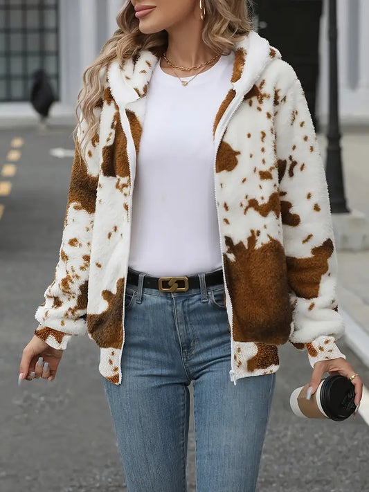 Women's Cow Print Fleece Zip up Hoodie