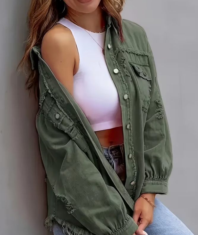 Women Distressed Washed Button Frayed Casual Shacket with Pocket
