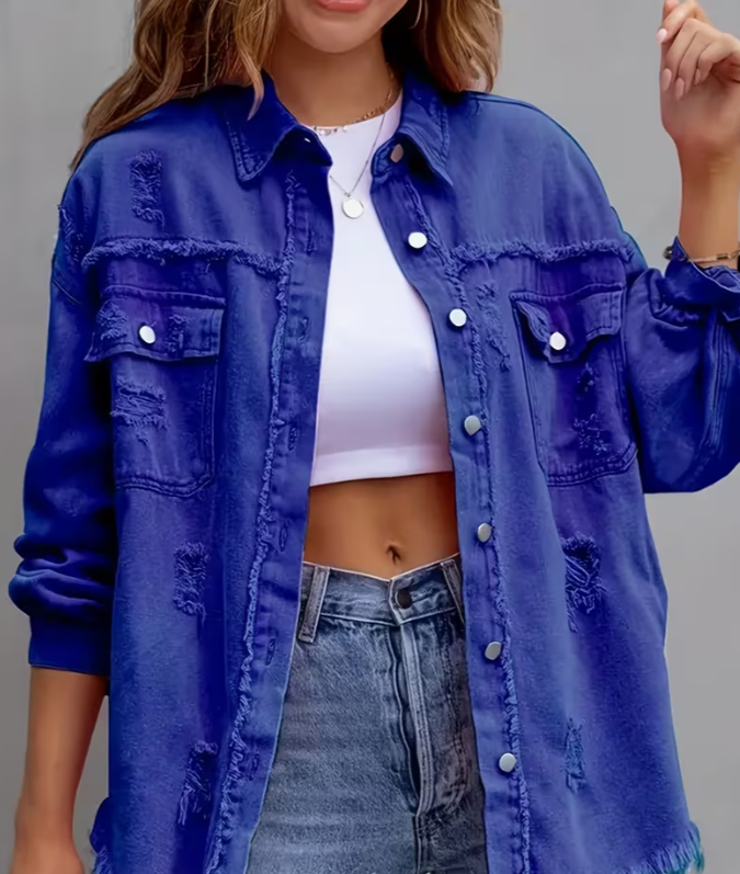 Women Distressed Washed Button Frayed Casual Shacket with Pocket