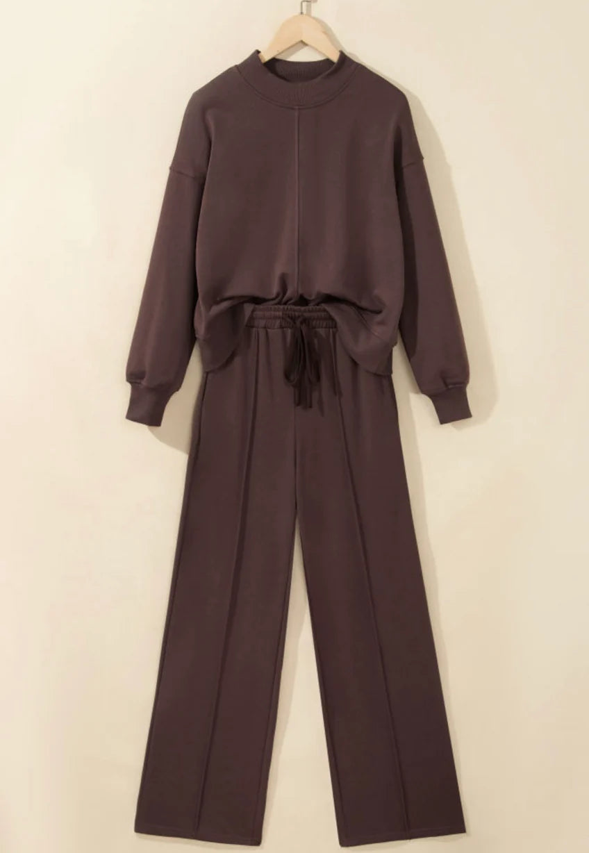 Coffee Mock Neck Drawstring Pants Set