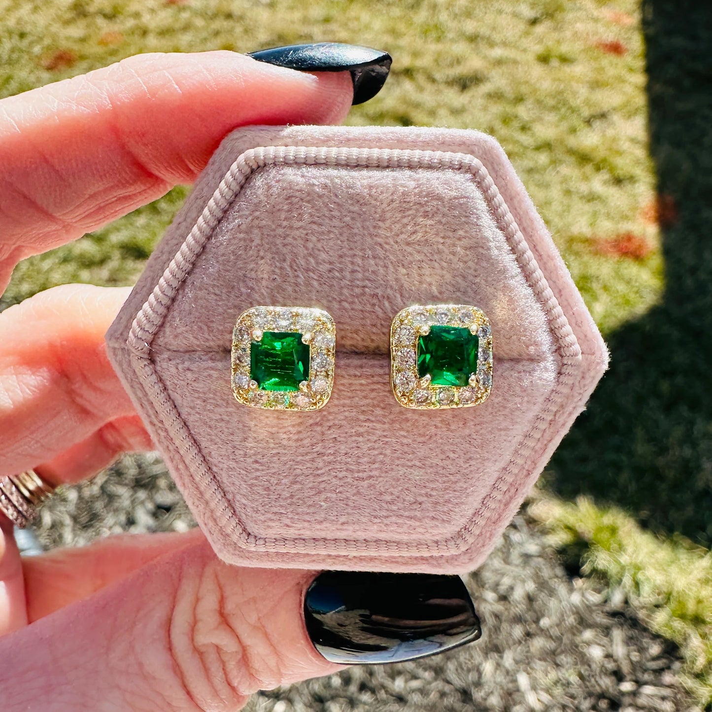 Olivia Halo Earrings Clear, Emerald, or Sapphire