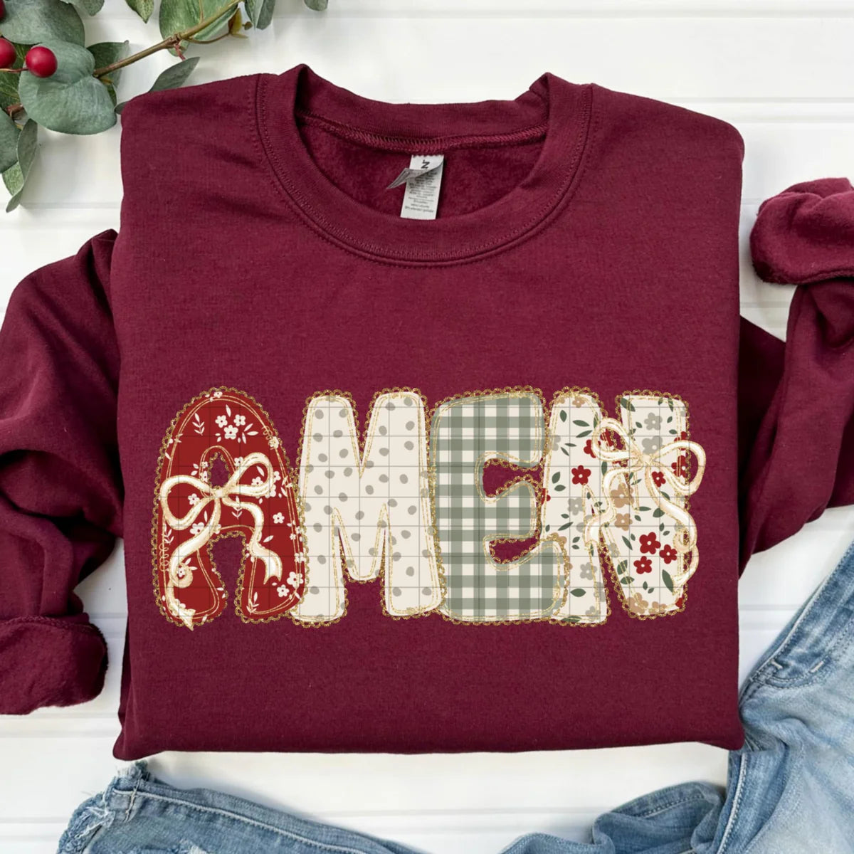 Patchwork Faux Yarn Amen Sweatshirt