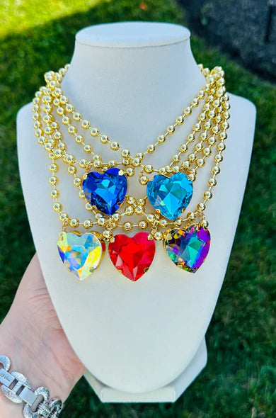 Crystal Heart Gold Bead Necklace