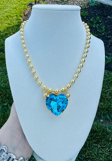 Crystal Heart Gold Bead Necklace
