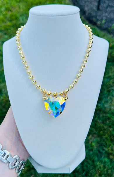 Crystal Heart Gold Bead Necklace