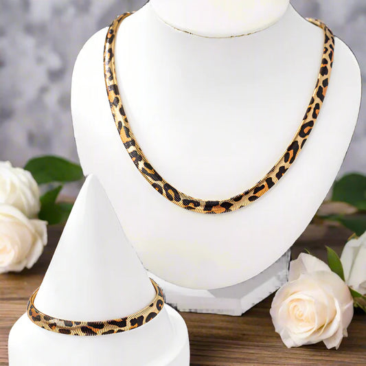 Leopard Print Snake Chain Necklace & Bracelet Set – Fierce, Chic & Ready to Roar