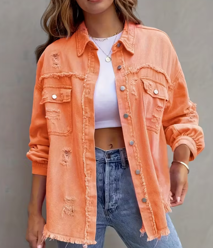 Women Distressed Washed Button Frayed Casual Shacket with Pocket